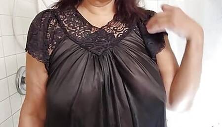 Masturbating My Big Hairy Latina Granny Pussy with Dildo While I Shower