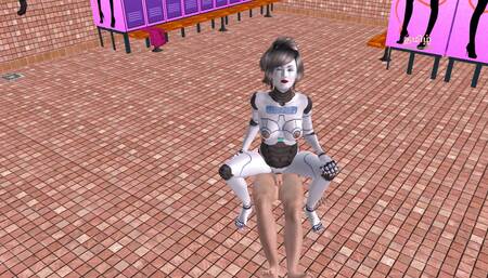 An animated porn video of a beautiful robot girl raiding a man's dick in reverse cowgirl position.