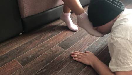 Home facesitting femdome kiss feet in pink socks and pantyhose