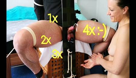 das Sperma spritzt und spritzt und spritzt :-) femdom pranger pillory milking slave