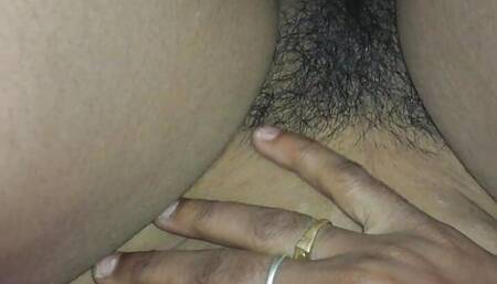 Close up little hairy pussy with footjob fuck