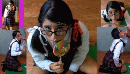 Candy Cunt girl eRica licks a lollipop, sucks a cock, & then gets a facial!