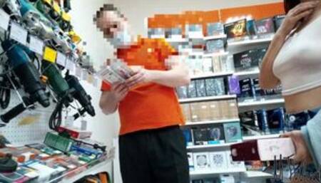 exhibitionist wife teasing the seller in store see-through top