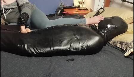 HUGE CUM IN SACK AFTER FOOT SMOTHERING AND LATEX HANDJOB IN CHASTITY LOCKED IN RUBBER HOOD BREATH