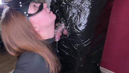 Plastic cling wrapped bondage cum in chastity cage and ruined again | Femdom