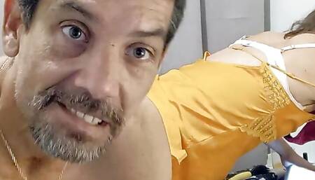 Fucking a Blonde French MILF, in A Pink and Yellow Satin Dress and Panties, Fucked Doggy Style and Facialized