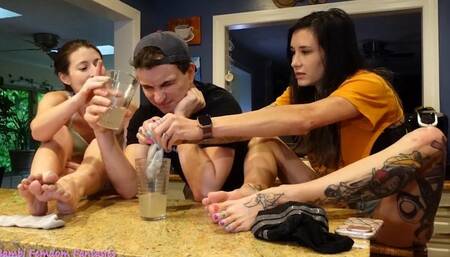Greasy Rose and Constance's Sweaty Nylon Sock Tea - stinky foot sweat punishment on Bambi, nasty water, foot smelling, gagging, domination, humiliation, cruel roommates