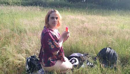Horny femboy playing outside