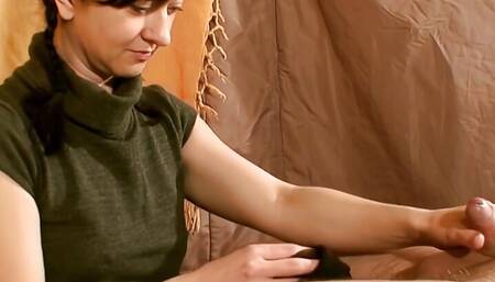 Nylon Handjob with Ruined Orgasm