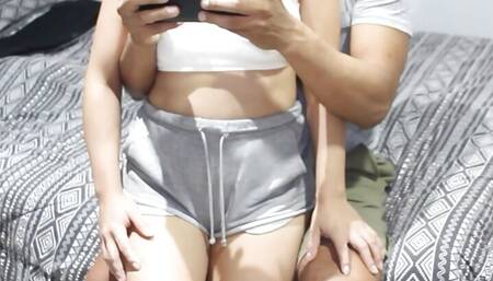 I make my shy stepsister feel my huge cock while she plays with my phone