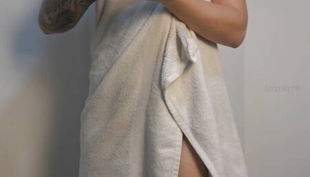 Getting out of the shower, clean and white body having a delicious orgasm
