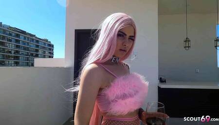 Pink Hair Skinny Latina Teen Penny Unicorn seduce to Old Young Sex at Model Job