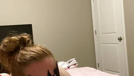 Wife sucks bbc dildo while getting fucked doggy style.