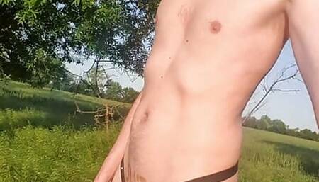 Completely exposed on a nude walk only with chastity cage