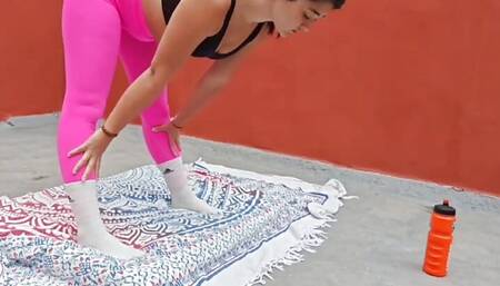 Doing yoga stretches the instructor ends up me in different positions