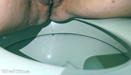 Mature hairy pussy piss in toilet close up