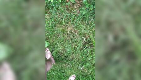 Walking bare foot and naked from car for an in forest for a wank