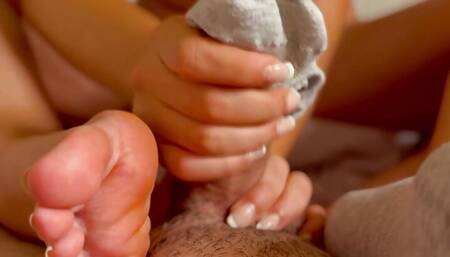 GF Gives A Sockjob And Makes His Big Dick Cum In Her Ped Socks