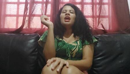 StepSister humiliates brother's tiny dick as she smokes
