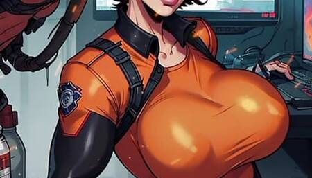 Hot babe girl in cyberpunk city