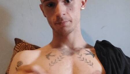 Skinny guy with patchwork tattoos cumming
