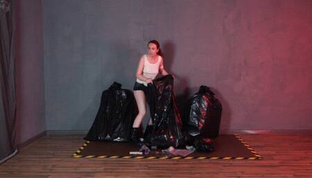 An adventuress in a garbage bag