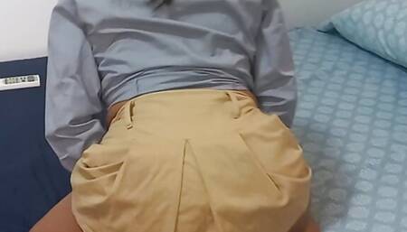 Teen schoolgirl masturbates with her favorite pillow and in school uniform, real amateur homemade