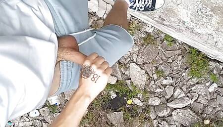 Outdoor beating the meat. Air pov.