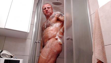 Perfect Body Hairy Hunk Shows His Ass And Big Dick  On A Shower.