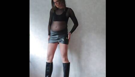 Beige stockings and black ankle boots