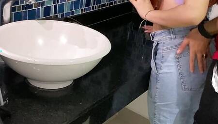 Recording porn with my stepsister in a public bathroom
