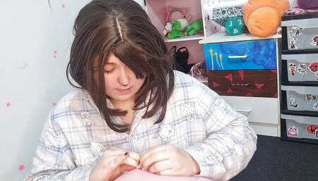 Girl Blowing up 3 huge balloons