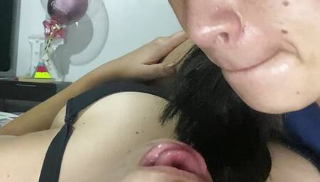 Again she sucks my huge tongue deeply