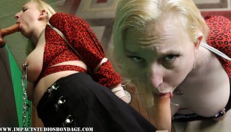 Vivica in bondage elbows tied welded clamped nipples practicing her oral skills bound BJ on a dildo