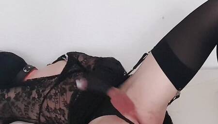 Sissy shemale masturbating in lingerie