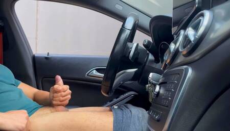 A girl caught a boy jerking off in public in the car and helps him finish cumming