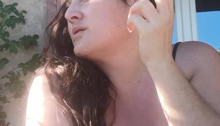 Relaxing with a cigarette outdoor - long hair & hairy armpits