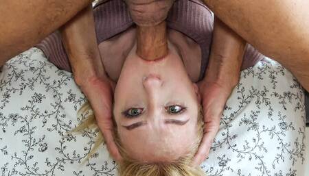 Hot blonde teen gagging deep face fuck by a massive cock