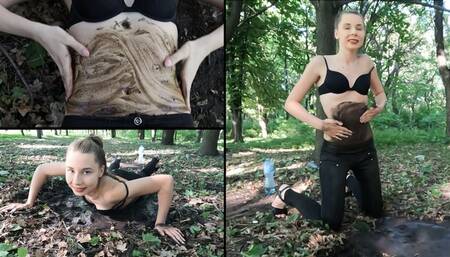 Nastya is having fun and covers her tummy with mud