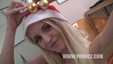 Awesome blonde chick Aneta opens her wet shaved pussy