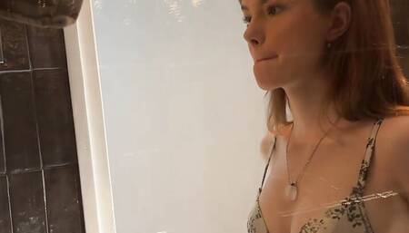 Petite College Cheerleader in The Bathroom first with Panties then takes her Underwear Off and shows what is under her Miniskirt