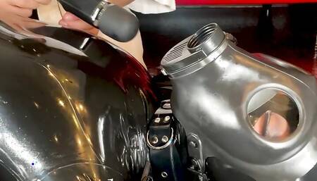 Rubber pushed to the ground and pleasured.
