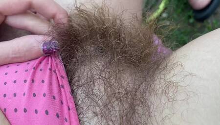 Super Hairy Pussy in Panties Closeup Outdoor