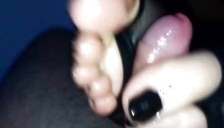 I Drive Him Crazy with Footjob and Toejob with Stockings and Black Nail Polish - Lots of Final Cumsh