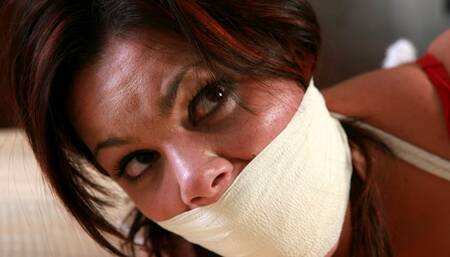 Melissa Gets her BIG MOUTH Stuffed & Stuffed, Wrapped & Put into a Strict Barefoot Hogtie Squirming for Hours