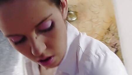 Saggy tit milf secretary shows pink pussy while fucking dildo