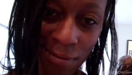 Stunning black doll Entice is touching her hungry shaved pussy