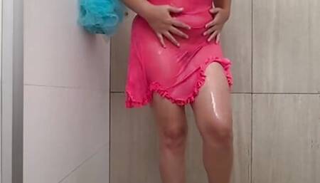 A horny wife goes to bathe and makes a vivid call to her cuckold.. Delicious lingerie and a delicious dildo