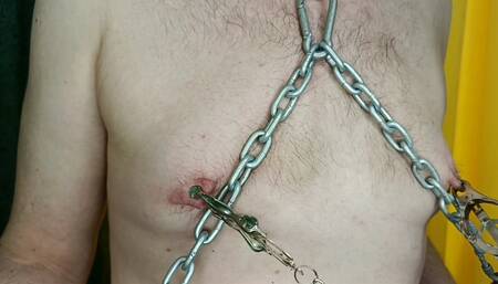 Let's play painfully with your nipples, my BDSM slave in a gas mask. Dominatrix Nika plays with male nipples with clamps.