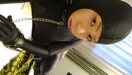 Japanese crossdresses masturbate wearing open face zentai